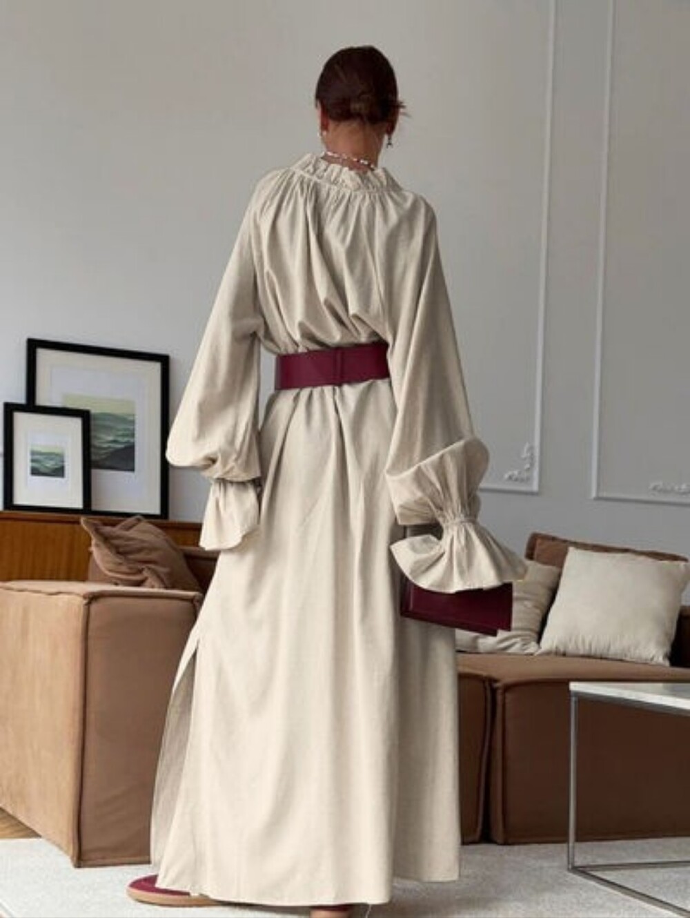 Women's Cream Long Sleeve Ruffle Cuff Dress with Burgundy Belt - Picture 2 of 8